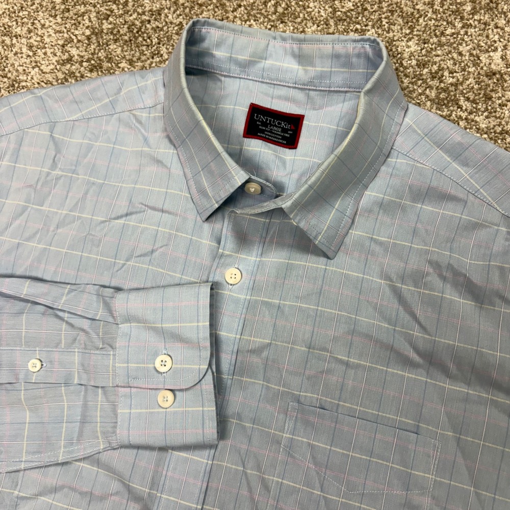 UNTUCKit Poplin Button Down Shirt Mens Large Slim Fit Wrinkle Free Windowpane